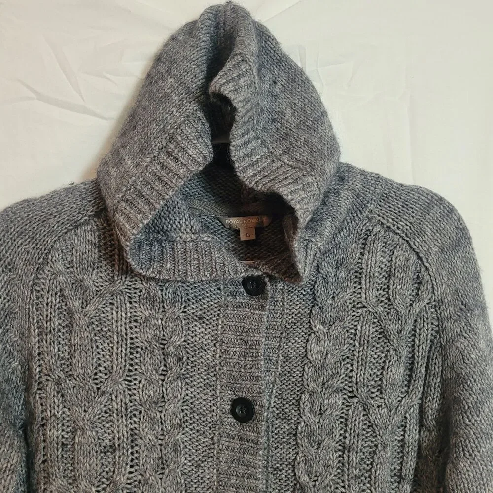 Royal Robbins Wool‎ Blend Hooded Cable Knit Cardigan Sweater Women's Large Gray